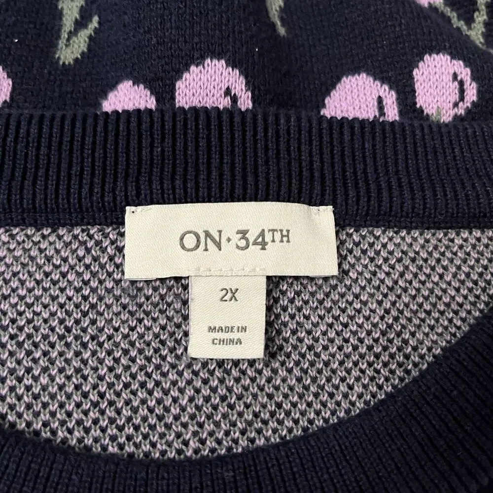 On 34th Fun Cherry Sweater Navy & Lavender Jacquard Knit Elbow Sleeve Sz 2X - Picture 6 of 13